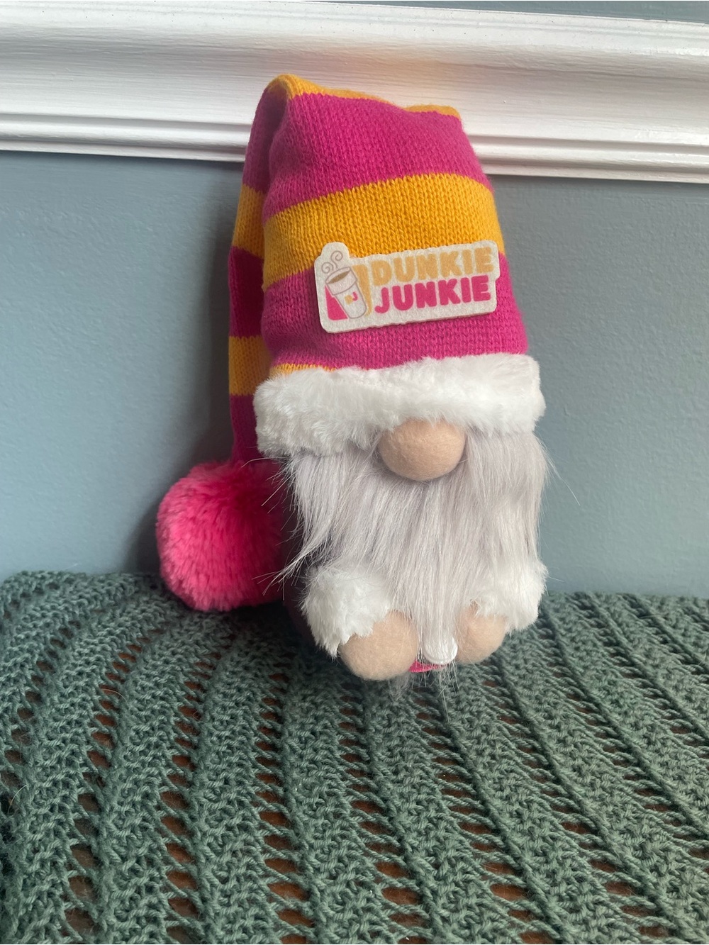 Dunkin Donuts Dunkie Junkie Pink & Orange Striped Gnome Decoration